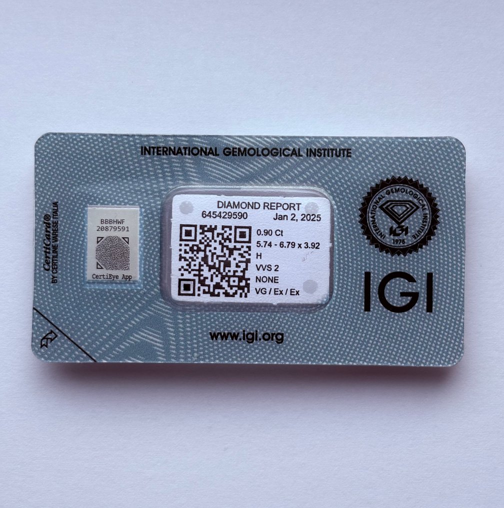 1 pcs Διαμάντι (Φυσικό) - 0.90 ct - Καρδιά - H - VVS2 - International Gemological Institute (IGI) #1.0