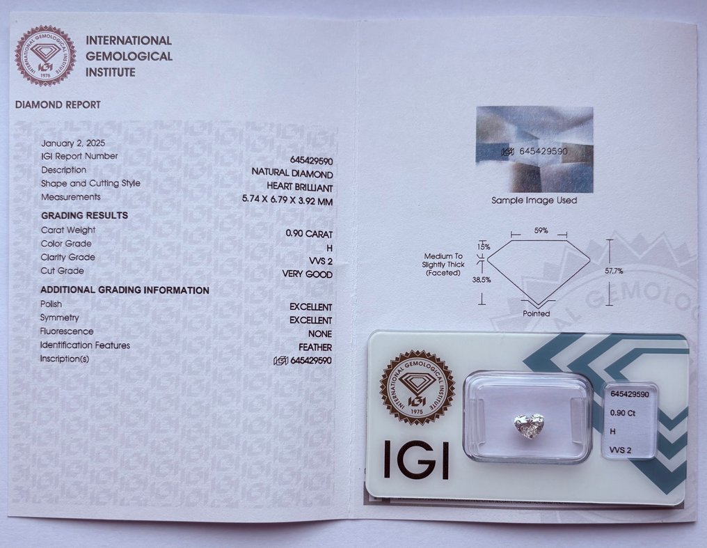 1 pcs Διαμάντι (Φυσικό) - 0.90 ct - Καρδιά - H - VVS2 - International Gemological Institute (IGI) #3.2