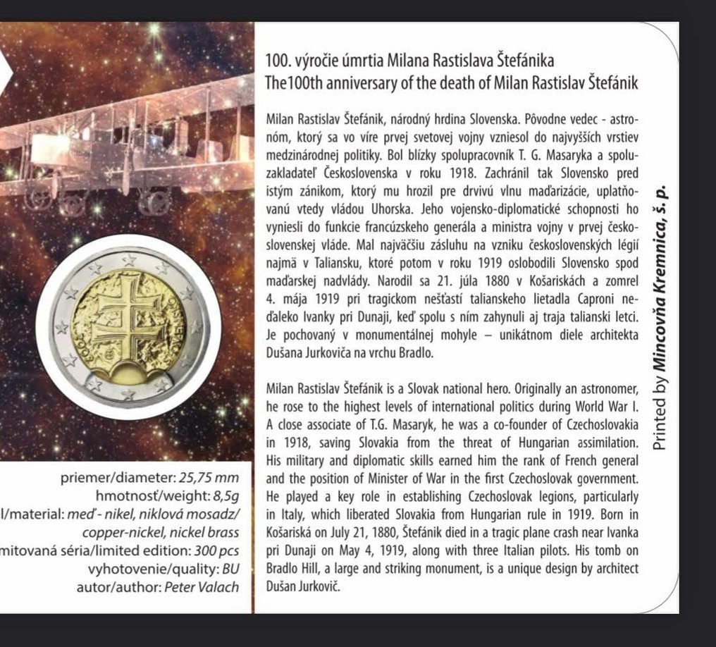 Slovakia. 2 Euro 2019 "Milan Rastislav Štefánik" - author card #1.0