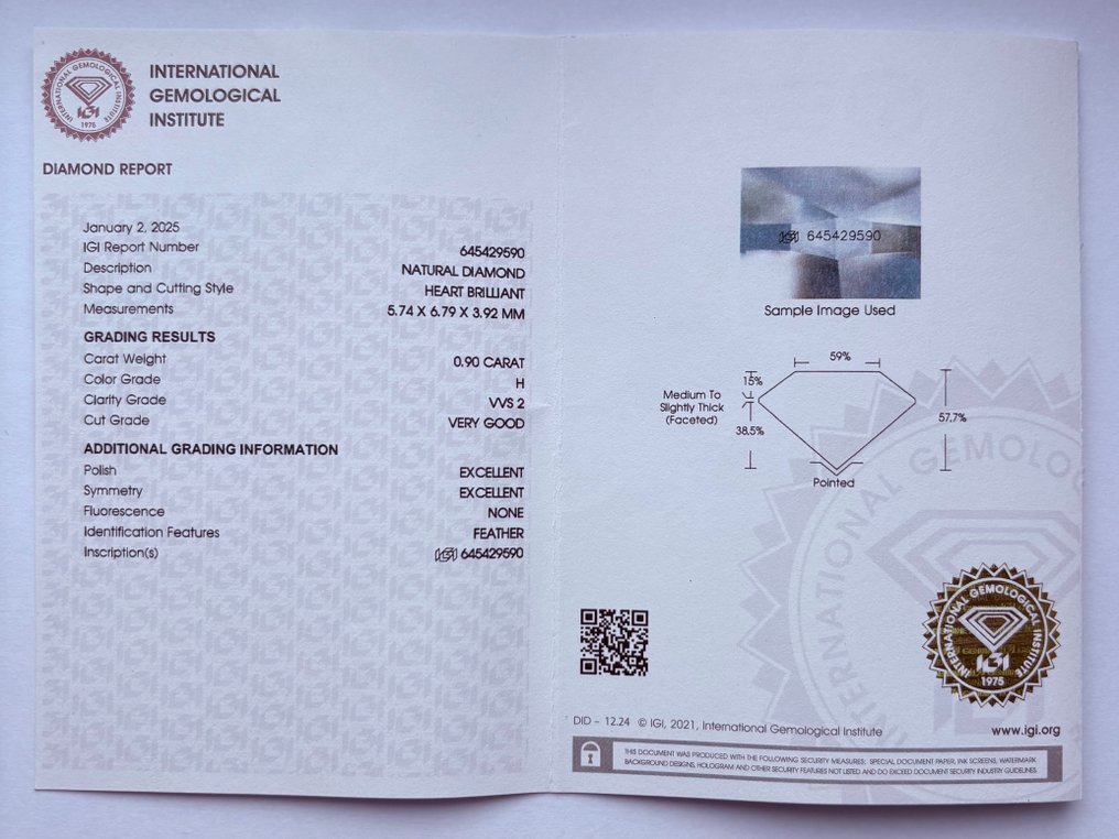 1 pcs Διαμάντι (Φυσικό) - 0.90 ct - Καρδιά - H - VVS2 - International Gemological Institute (IGI) #2.1