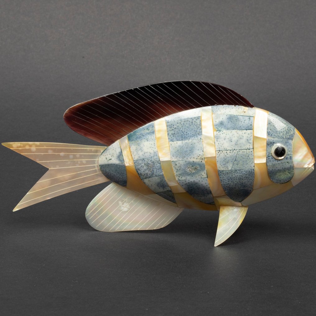 热带鱼 - 珍珠母与蓝色珊瑚的海洋雕塑 - 高度: 220 mm - 宽度: 115 mm- 150 g #1.0