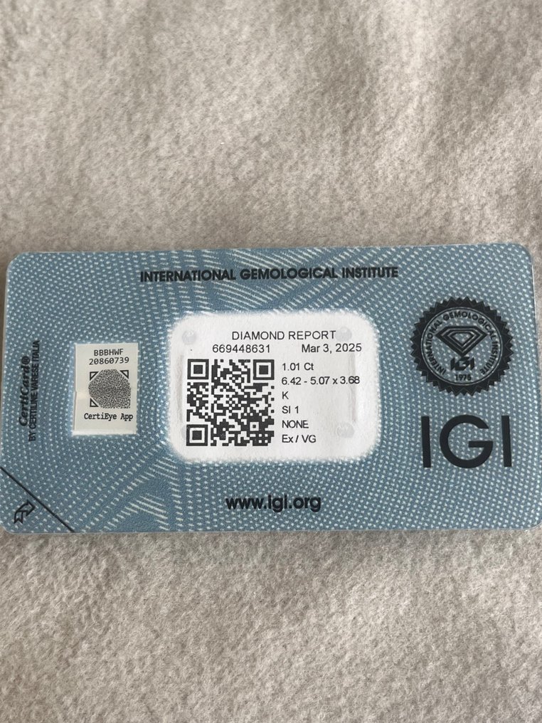 1 pcs 钻石  (天然)  - 1.01 ct - 枕形 - K - SI1 微内含一级 - 国际宝石研究院（IGI） #1.0