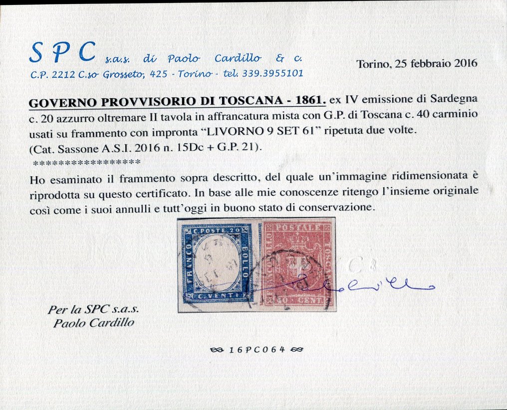 Αρχαία ιταλικά κράτη -  Τοσκάνη 1860 - Ταχυδρομική χρέωση μικτή Σαρδηνία-Προσωρινή Κυβέρνηση της Τοσκάνης. Σπάνια και με πολλαπλές - Sassone Sardegna 15Dc + Toscana 21. #2.1