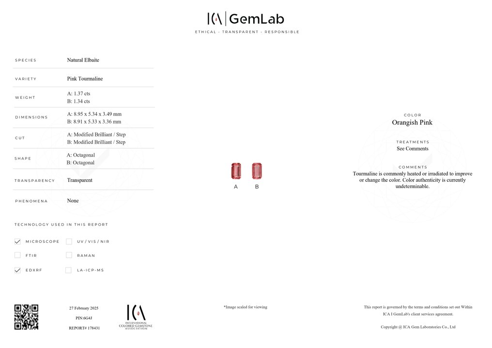 2 pcs  Πορτοκαλί, Ροζ Τουρμαλίνης  - 2.71 ct - Διεθνής Ένωση Έγχρωμων Πολύτιμων Λίθων (ICA GemLab) - Ταιριαστό ζευγάρι #2.1