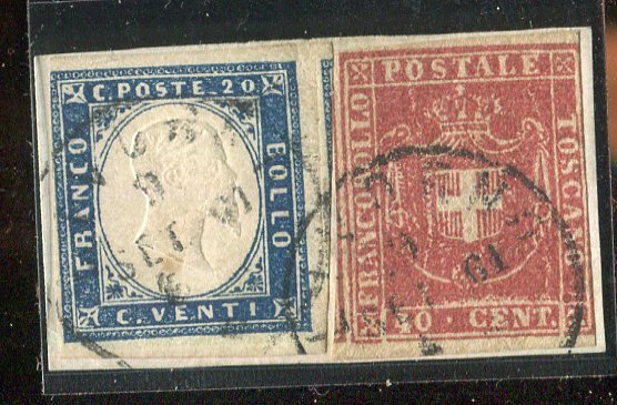 Αρχαία ιταλικά κράτη -  Τοσκάνη 1860 - Ταχυδρομική χρέωση μικτή Σαρδηνία-Προσωρινή Κυβέρνηση της Τοσκάνης. Σπάνια και με πολλαπλές - Sassone Sardegna 15Dc + Toscana 21. #1.0