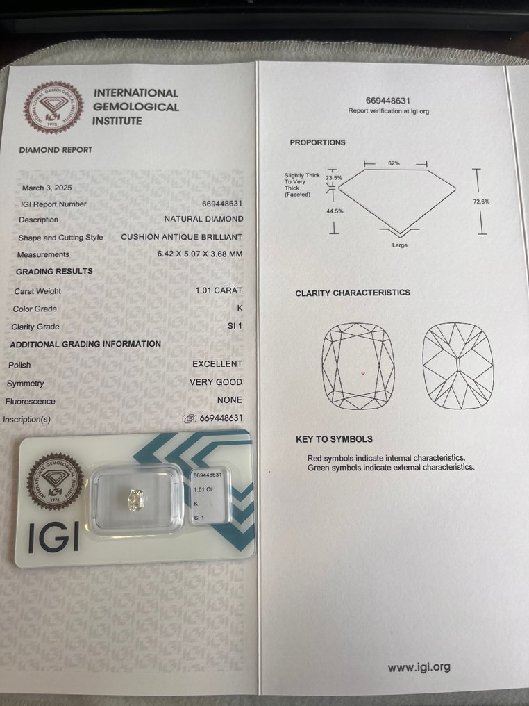 1 pcs 钻石  (天然)  - 1.01 ct - 枕形 - K - SI1 微内含一级 - 国际宝石研究院（IGI） #3.2