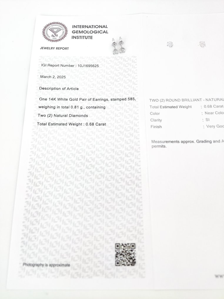 耳環 - 14 克拉 白金, G-H/SI -  0.68ct. tw. 鉆石 (天然) - IGI 证书 #3.2