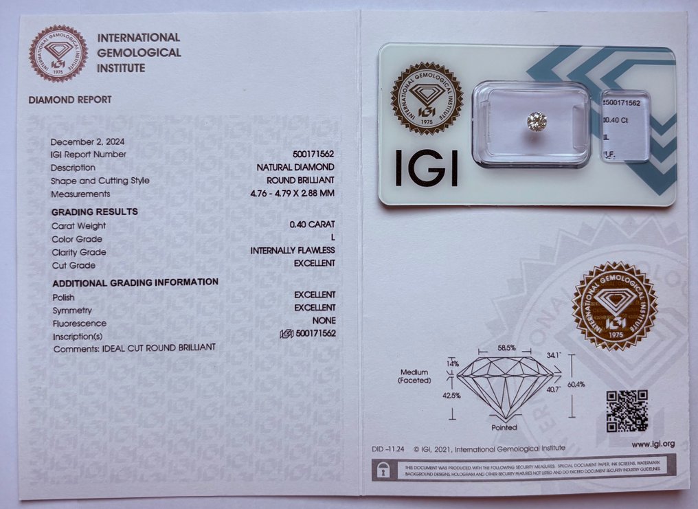 1 pcs Diamond (Natural) - 0.40 ct - Round - L - IF - International Gemological Institute (IGI) - Ex Ex Ex None #3.2