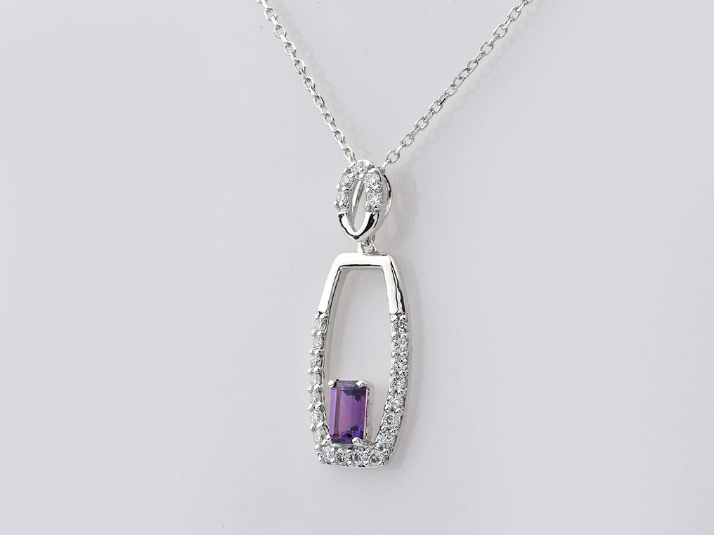 Κολιέ με μενταγιόν - 14 καράτια Λευκός χρυσός - 0.45ct. tw. Αμέθυστος - Διαμάντι #1.0