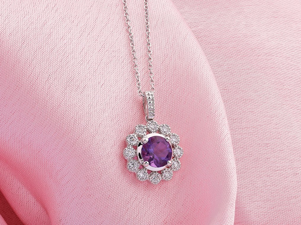 Κολιέ με μενταγιόν - 14 καράτια Λευκός χρυσός - 0.84ct. tw. Αμέθυστος - Διαμάντι #1.0