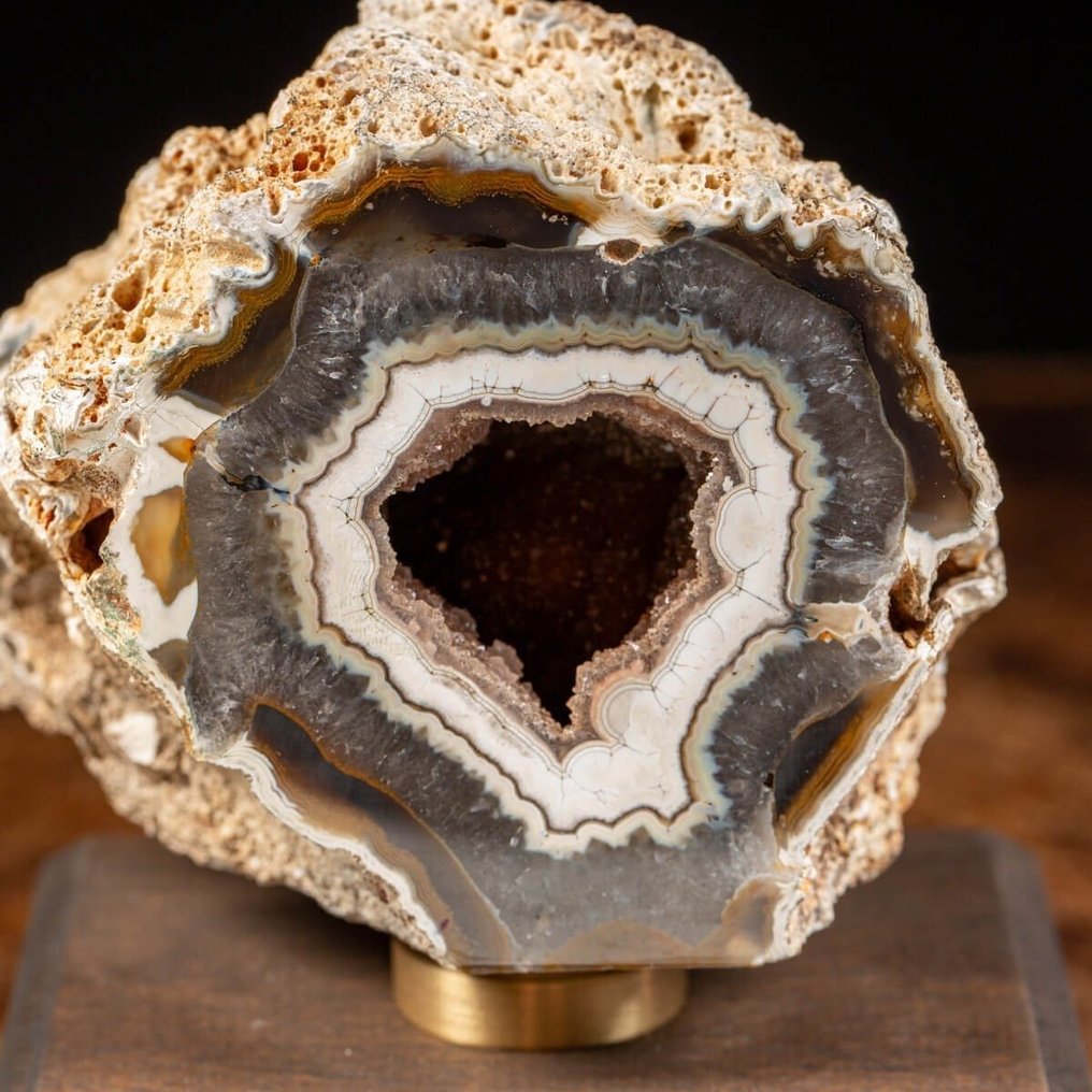 天然玛瑙bGeode，带可见结晶——咖啡棕色玛瑙——优雅的木质和黄铜底座 - 高度: 257 mm - 闊度: 121 mm- 1370 g #1.0