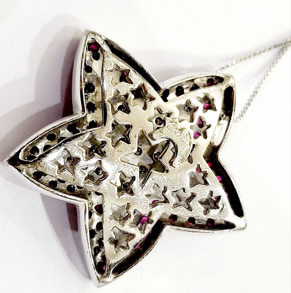 Estrò - 吊墜頸鏈 - 18 克拉 白金 - 4.16ct. tw. 鉆石 (天然) - 紅寶石 - 意大利制造 #2.1