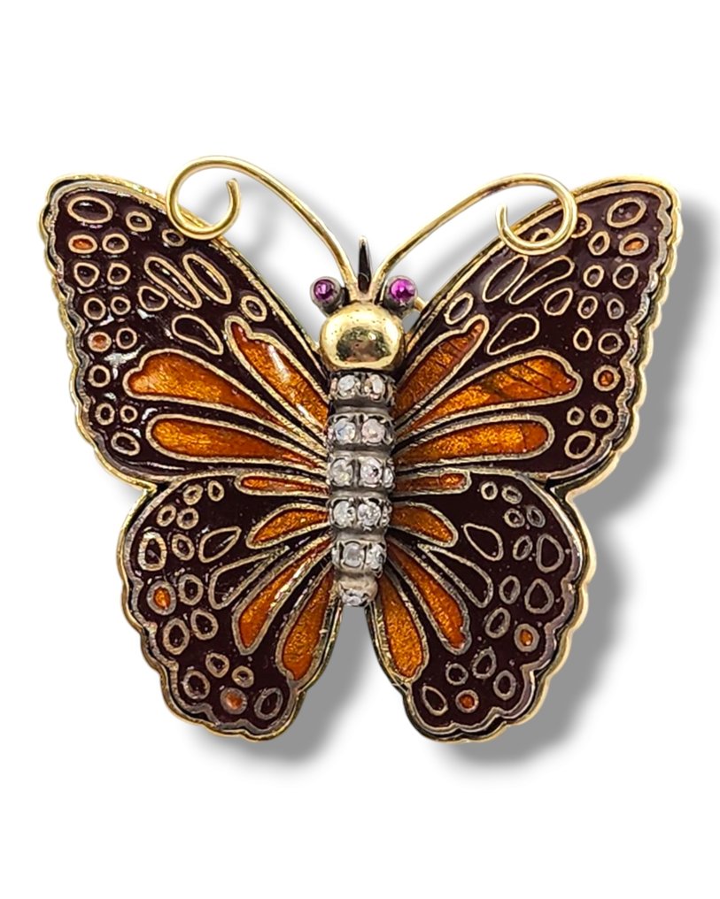 胸针 - 14K包金 黄金, 古董14K黄金珐琅蝴蝶胸针吊坠,镶嵌钻石和红宝石 - 0.20ct. tw. 钻石 (天然) #1.0