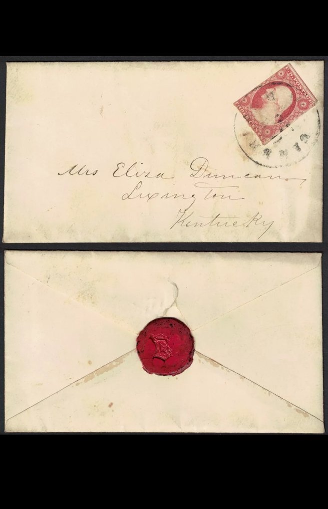 美国 1851 - （邮政历史）1851年美国3美分华盛顿不完美邮票信封，从剑桥寄往肯塔基，带有红色封印 #1.0