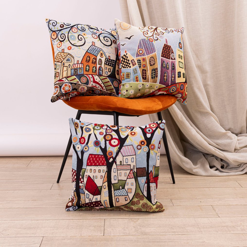 Set of 3 Handmade Pillowcases 45x45 in Naïf Style - Made in Italy - Cushion (3) #1.0