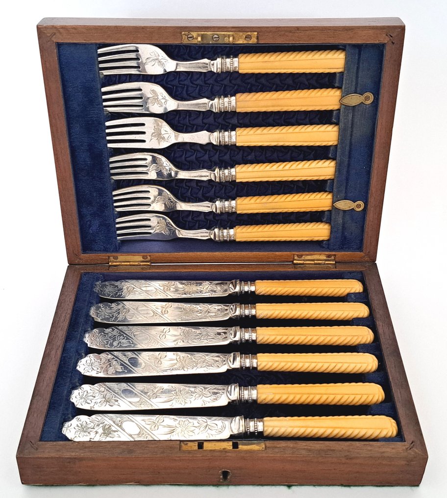 William R. Deykin & Sons - Visbestekset voor 6 personen (12) - In originele houten cassette, ca. 1880 - Been, Verzilverd #1.2