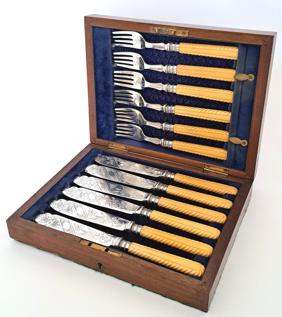 William R. Deykin & Sons - Visbestekset voor 6 personen (12) - In originele houten cassette - Been, Verzilverd #1.0