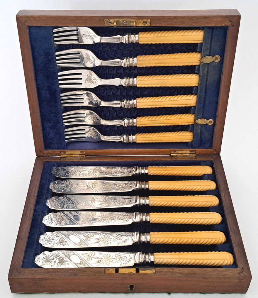 William R. Deykin & Sons - Visbestekset voor 6 personen (12) - In originele houten cassette, ca. 1880 - Been, Verzilverd #1.1