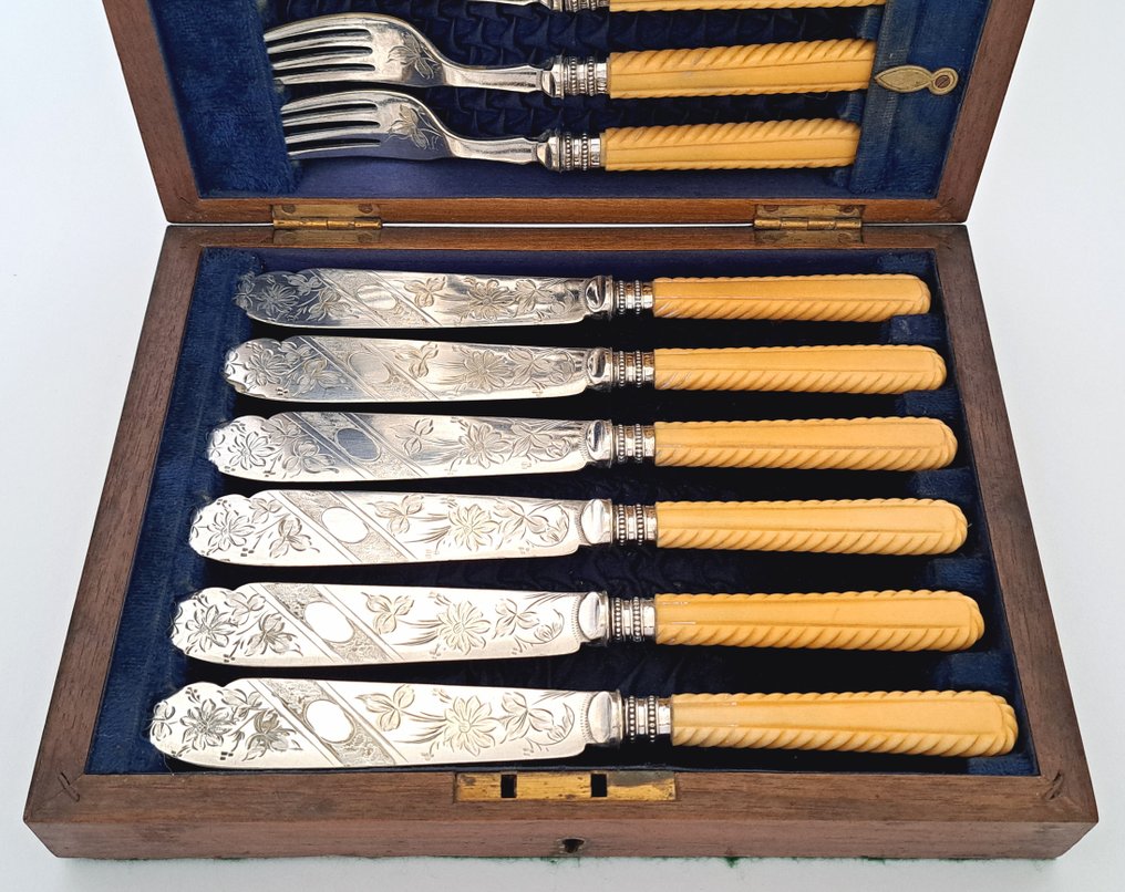 William R. Deykin & Sons - Visbestekset voor 6 personen (12) - In originele houten cassette, ca. 1880 - Been, Verzilverd #3.1
