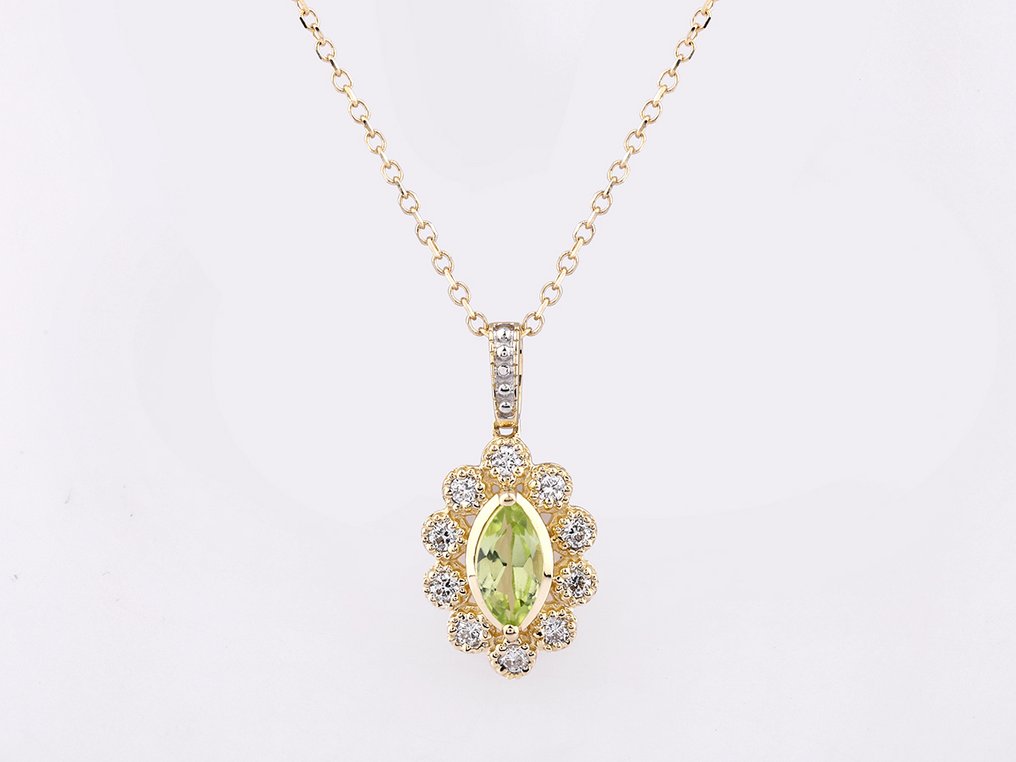 Collier avec pendentif - 14 carats Or jaune -  0.47ct. tw. Péridot - Diamant #1.0