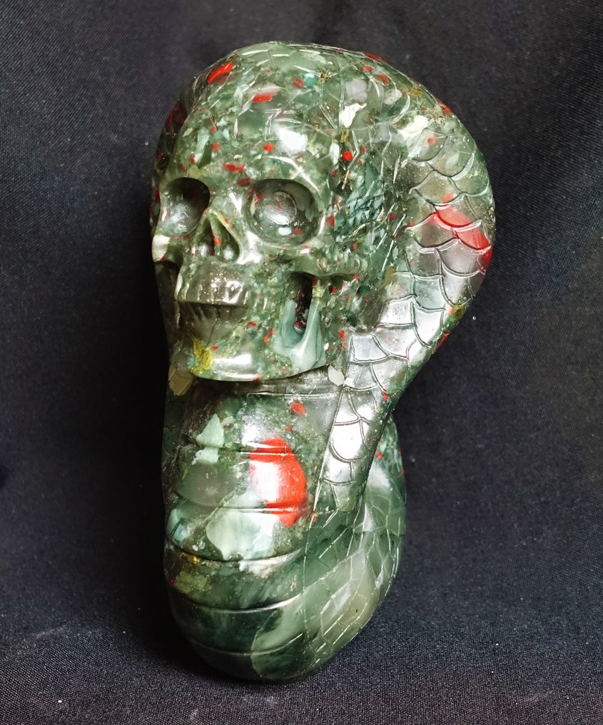 Carved figure, Cobra Skull Sculpture, Handcrafted in African Blood Jasper. Superrealist Series - Height: 165 mm - Width: 110 mm- 1382 g #1.0