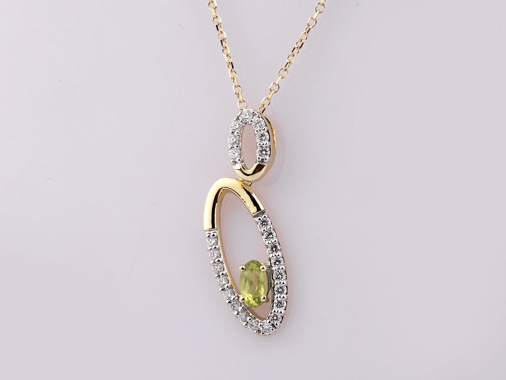 吊墜頸鏈 - 14 克拉 黃金 -  0.50ct. tw. 貴橄欖石 - 鉆石 #1.0