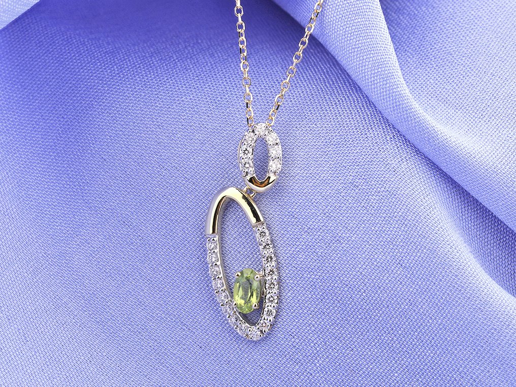 吊墜頸鏈 - 14 克拉 黃金 -  0.50ct. tw. 貴橄欖石 - 鉆石 #2.1