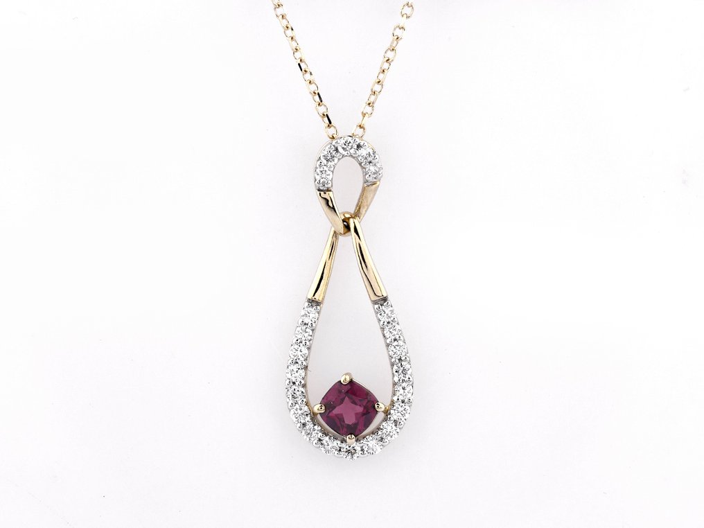 吊墜頸鏈 - 14 克拉 黃金 - 0.59ct. tw. 鎂鐵榴石 - 鉆石 #1.0