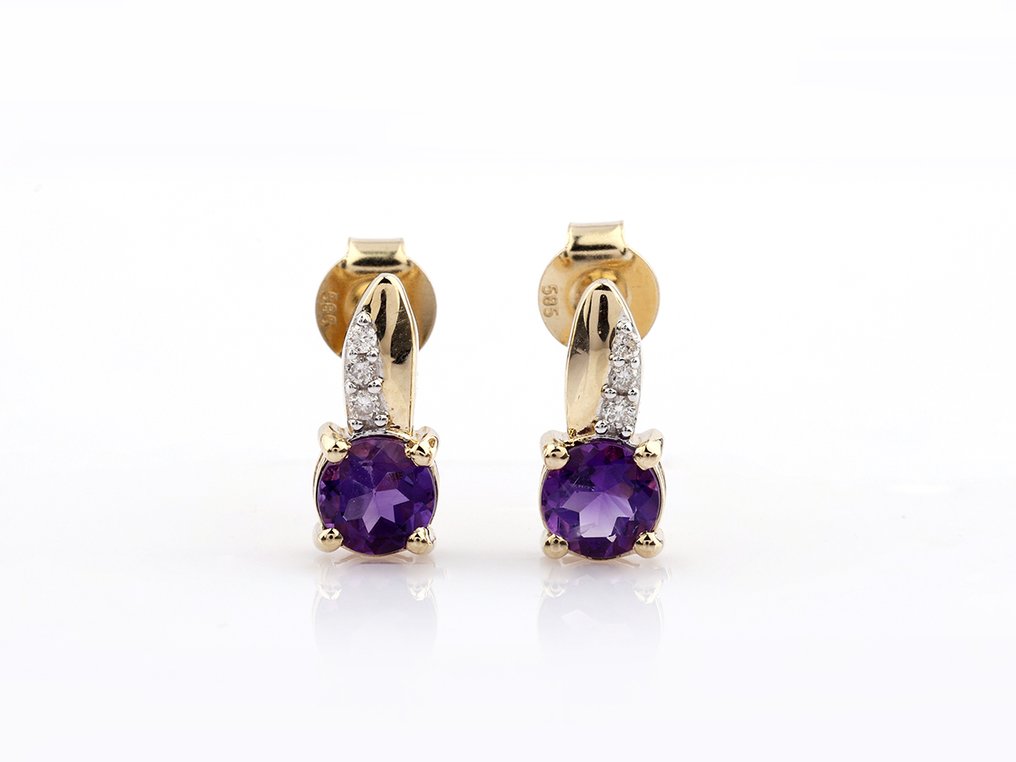 Boucles d'oreilles - 14 carats Or jaune - 0.89ct. tw. Améthyste - Diamant #1.0