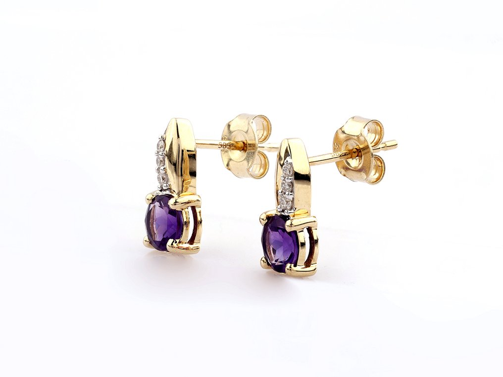 Boucles d'oreilles - 14 carats Or jaune - 0.89ct. tw. Améthyste - Diamant #2.1
