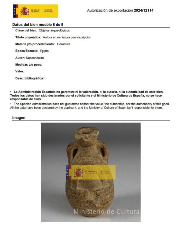 Ancient Egypt, Greco–Roman Period Terracotta Flask with baker's oven and inscription above 'PANAT'. Spanish Export License #2.1