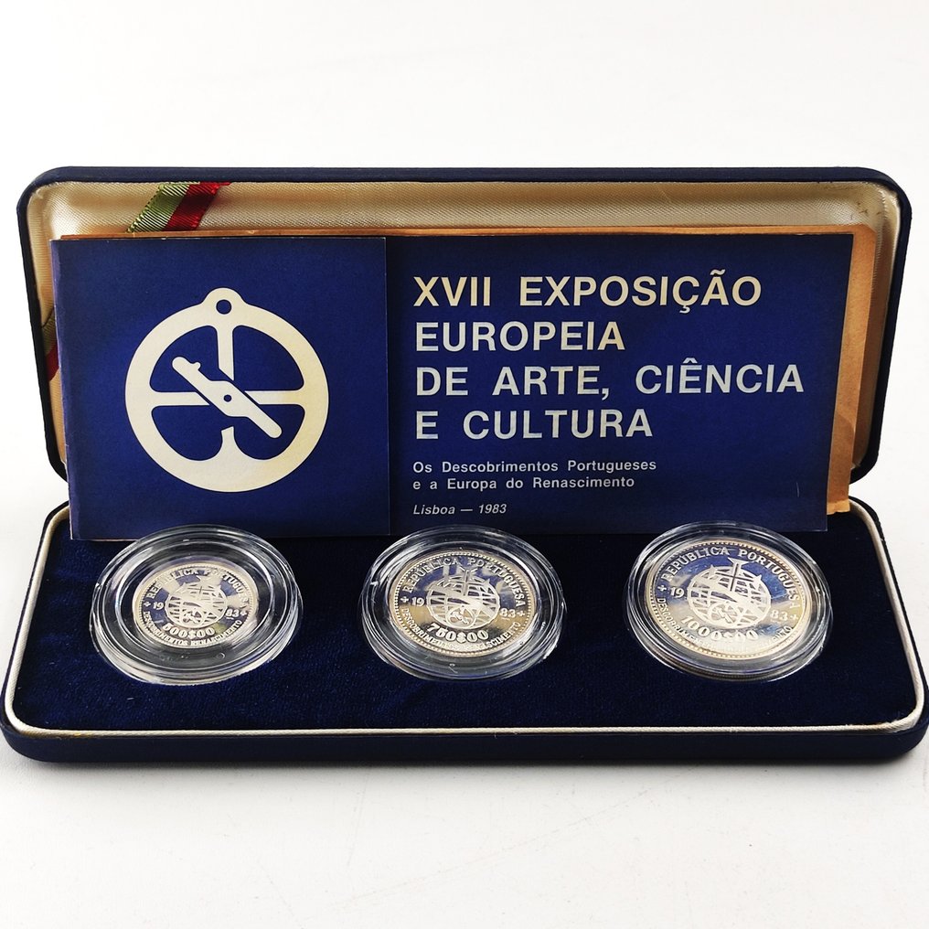 Portugal. Silver Proof Set with 3 Commemorative Coins: 500 + 750 + 1000 Escudos (40,5g) 1983 (Ohne Mindestpreis) #1.0