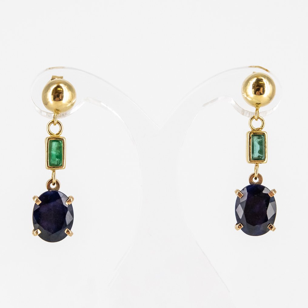 Drop fülbevaló - 18 kt. Sárga arany Zafír - Smaragd #1.0