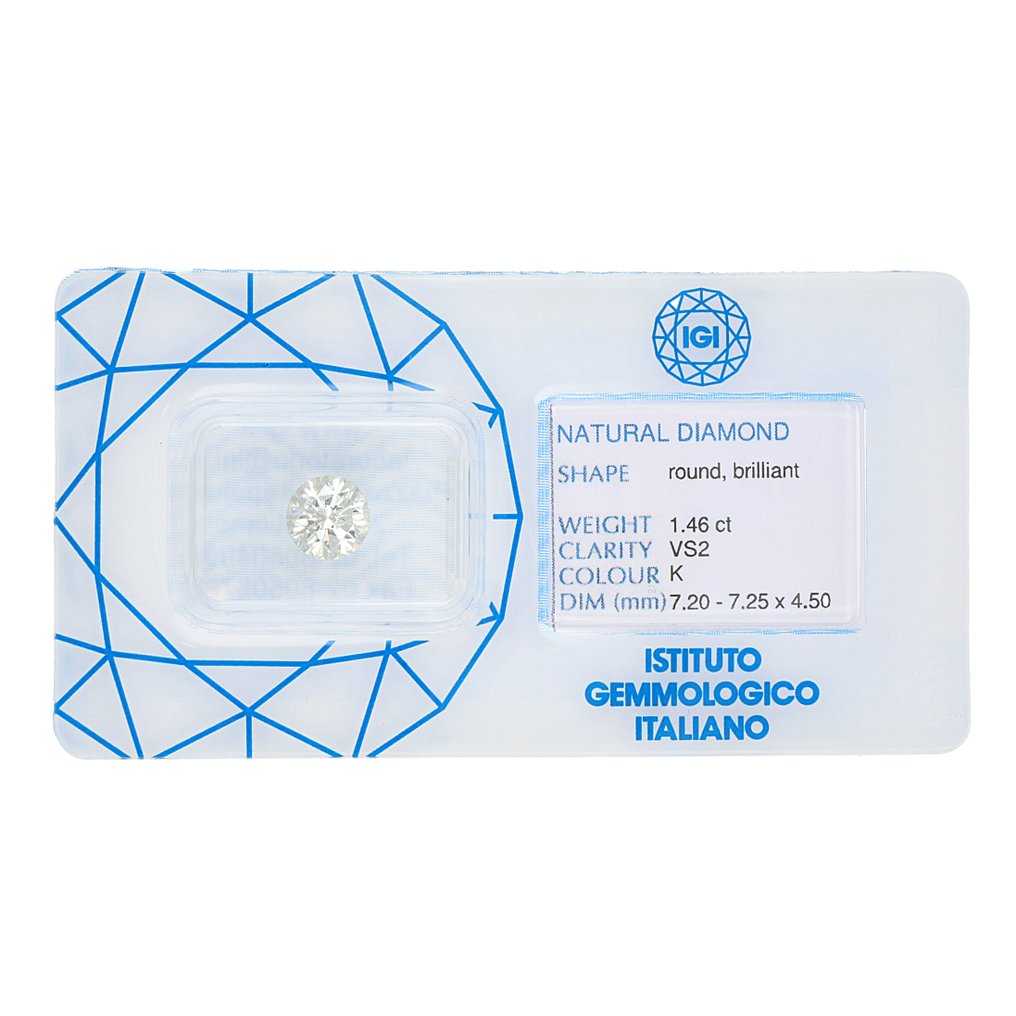 1 pcs 钻石 (天然) - 1.46 ct - 圆形 - K - VS2 轻微内含二级 - 意大利宝石学院(IGI) #1.0