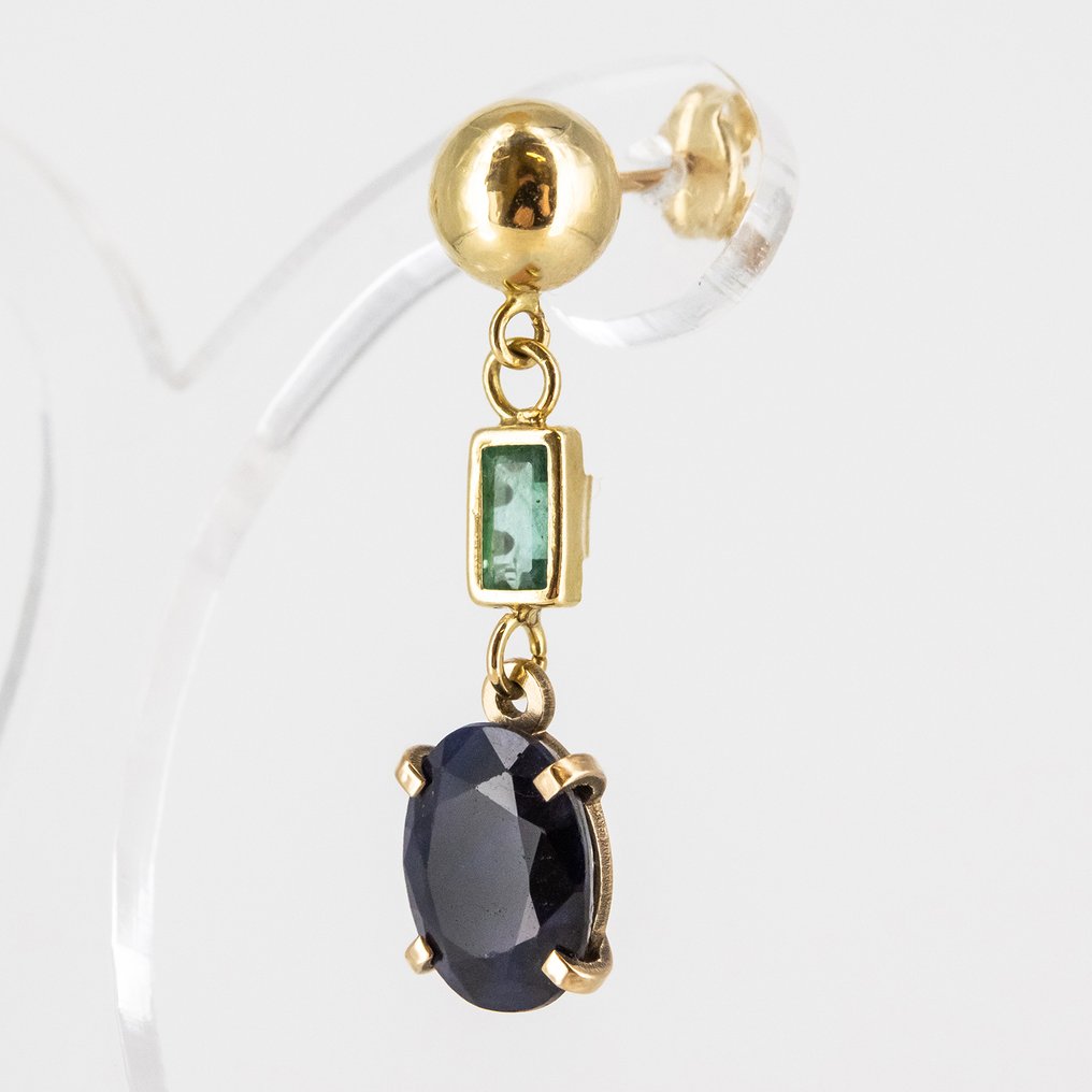 Drop fülbevaló - 18 kt. Sárga arany Zafír - Smaragd #2.1