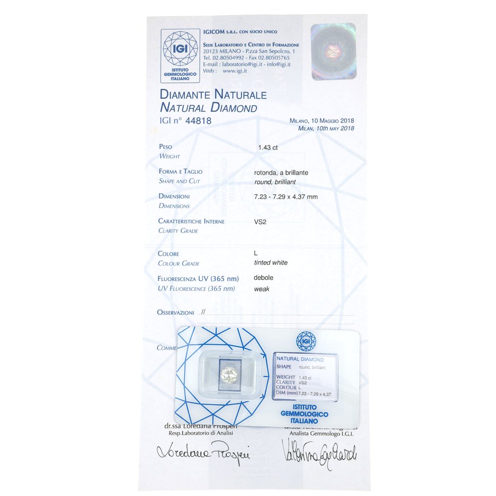 1 pcs 钻石  (天然)  - 1.43 ct - 圆形 - L - VS2 轻微内含二级 - 意大利宝石学院（IGI） #1.0