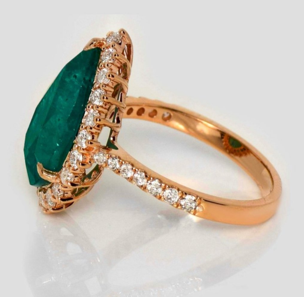 订婚戒指 - 14K包金 玫瑰金 -  5.19ct. tw. 祖母绿 - 钻石 #2.1