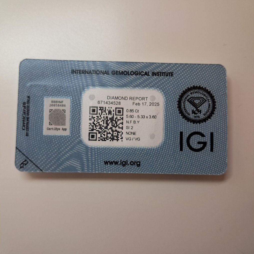 1 pcs Timantti  (Luonnonvärinen)  - 0.85 ct - SI2 - Kansainvälinen gemologinen instituutti (IGI) #3.2