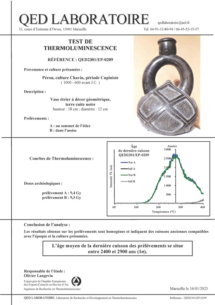 Cupisnique - Chavin, Peru Terracotta Huaco with stirrup handle 1200 - 500 BC. 17.5 cm height. TL TEST. Spanish Export License. #3.2