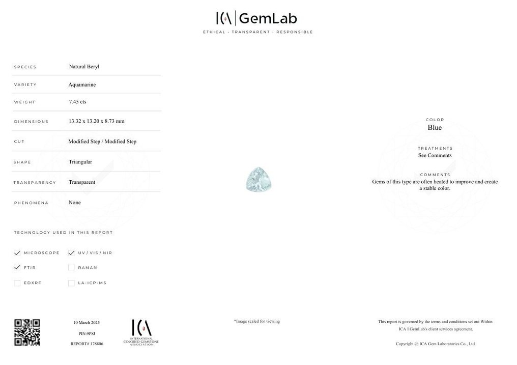 Μπλε Ακουαμαρίνης  - 7.45 ct - Διεθνής Ένωση Έγχρωμων Πολύτιμων Λίθων (ICA GemLab) #2.1