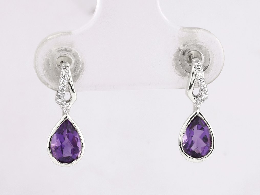 χωρίς τιμή ασφαλείας - Σκουλαρίκια - 14 καράτια Λευκός χρυσός -  0.82ct. tw. Αμέθυστος - Διαμάντι #1.0