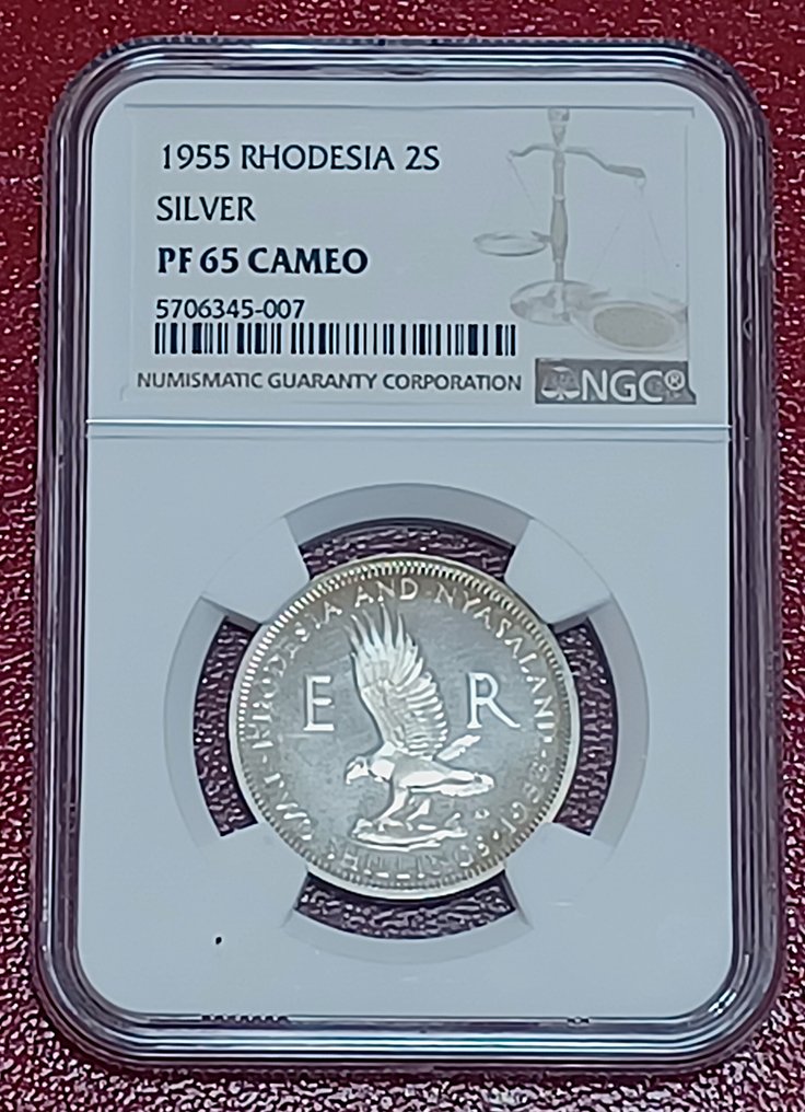 Rhodesia, Rhodesia and Nyasaland, South Africa, Zimbabwe. 2 Shilling 1955 - NGC PF65 CAMEO - Mintage 2,000 3rd finest #1.0
