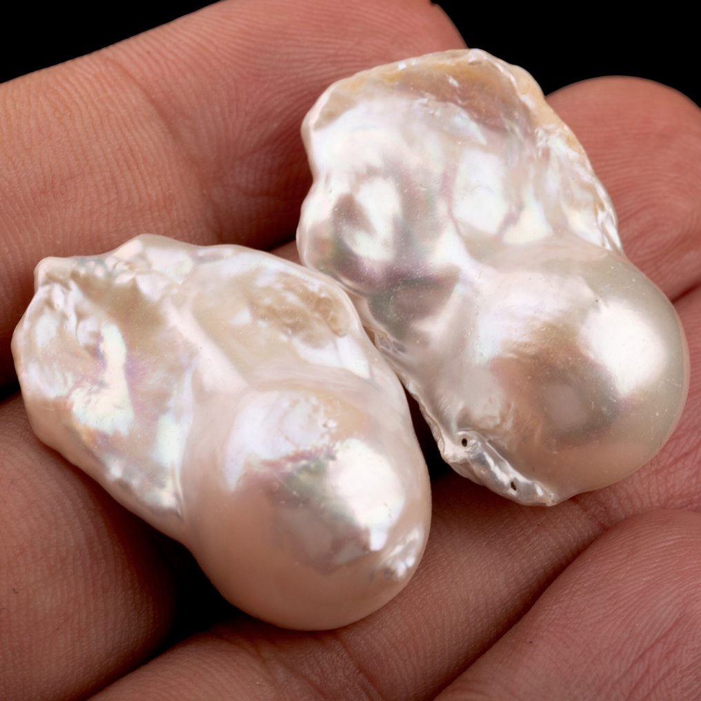 巨型火球珍珠 AAAAA TOP：美丽的巴洛克珍珠对 - Fireball - 高度: 34 mm - 宽度: 22 mm- 21 g - (2) #1.0