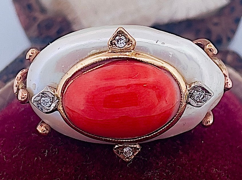 戒指 - 9 kt. 玫瑰金 珊瑚 - 钻石 #1.0