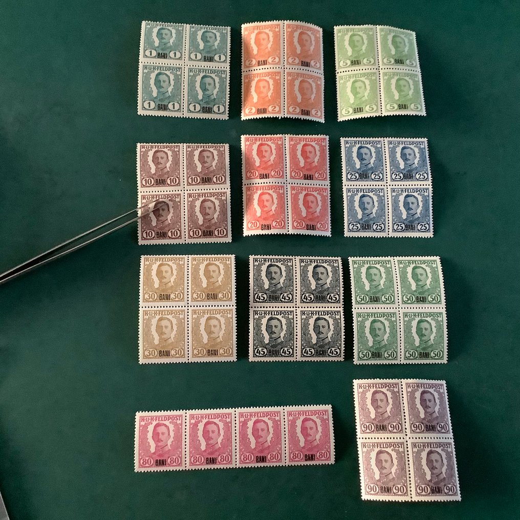 Austria-Ungheria – posta militare rumena 1918 - Francobolli non emessi per la Romania in unità da 4 con sovrapprezzo Bani. - Michel I/II, IV/X and XII/XIII #2.1