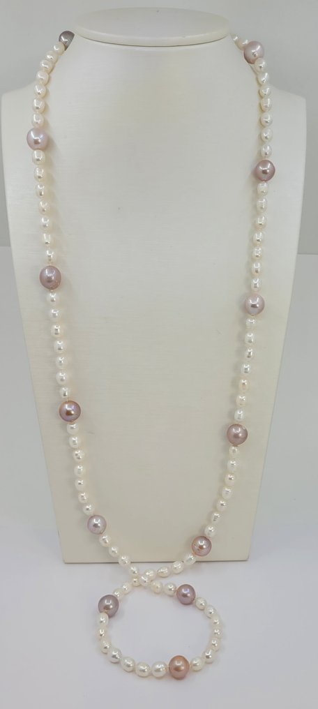 Ei pohjahintaa - Kaulakoru Hopea, 6x11mm vaaleanpunaiset ja valkoiset Edison-helmet. #2.1