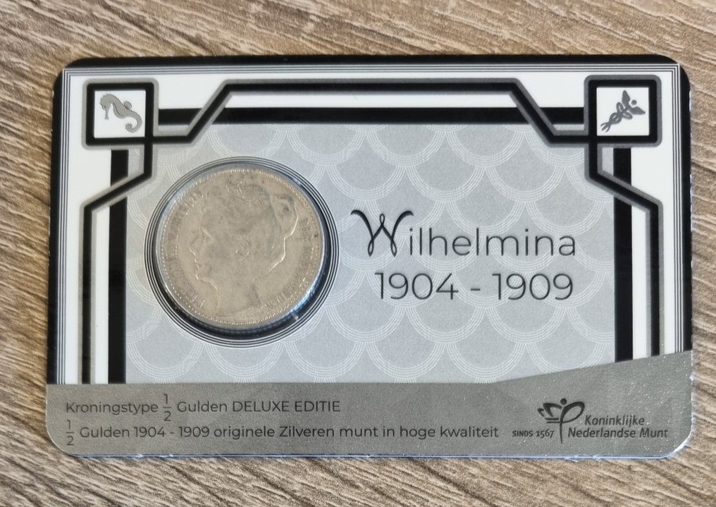 Netherlands. 1908 / Historische coincard zilveren eerste 1/2 gulden Wilhelmina #1.0