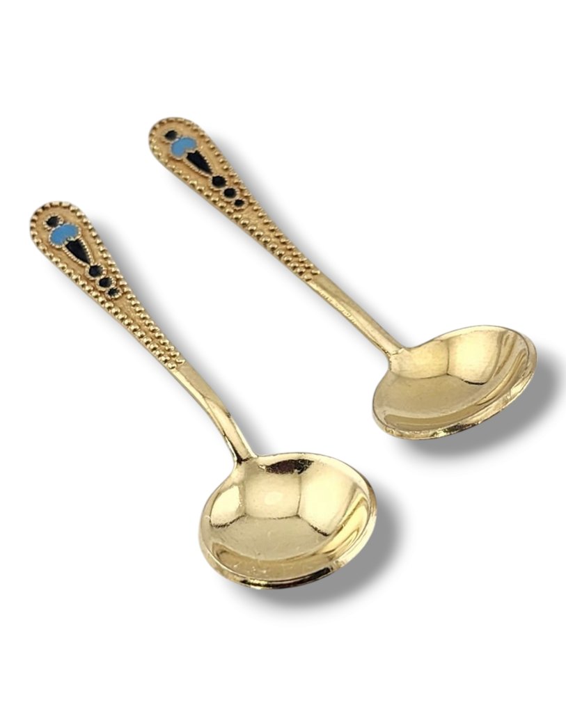 Cucchiaio (2) - Una coppia di 2 cucchiaini da sale in argento sovietico russo 875 in miniatura #1.0