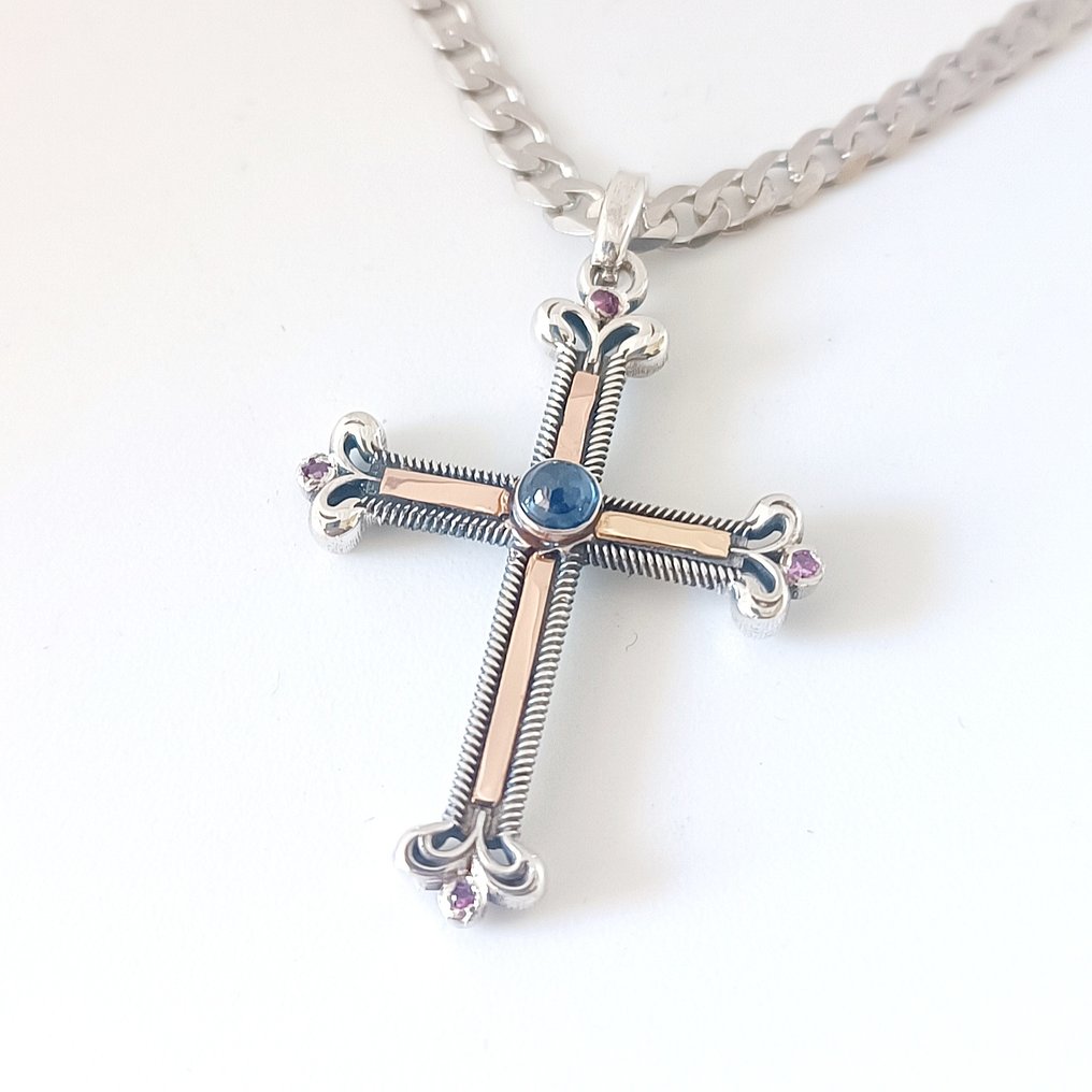 沒有保留價 - 頸鏈 - 18 克拉 銀, 玫瑰金 -  0,39ct. tw. 藍寶石 - 紅寶石 - 意大利制造 #1.0