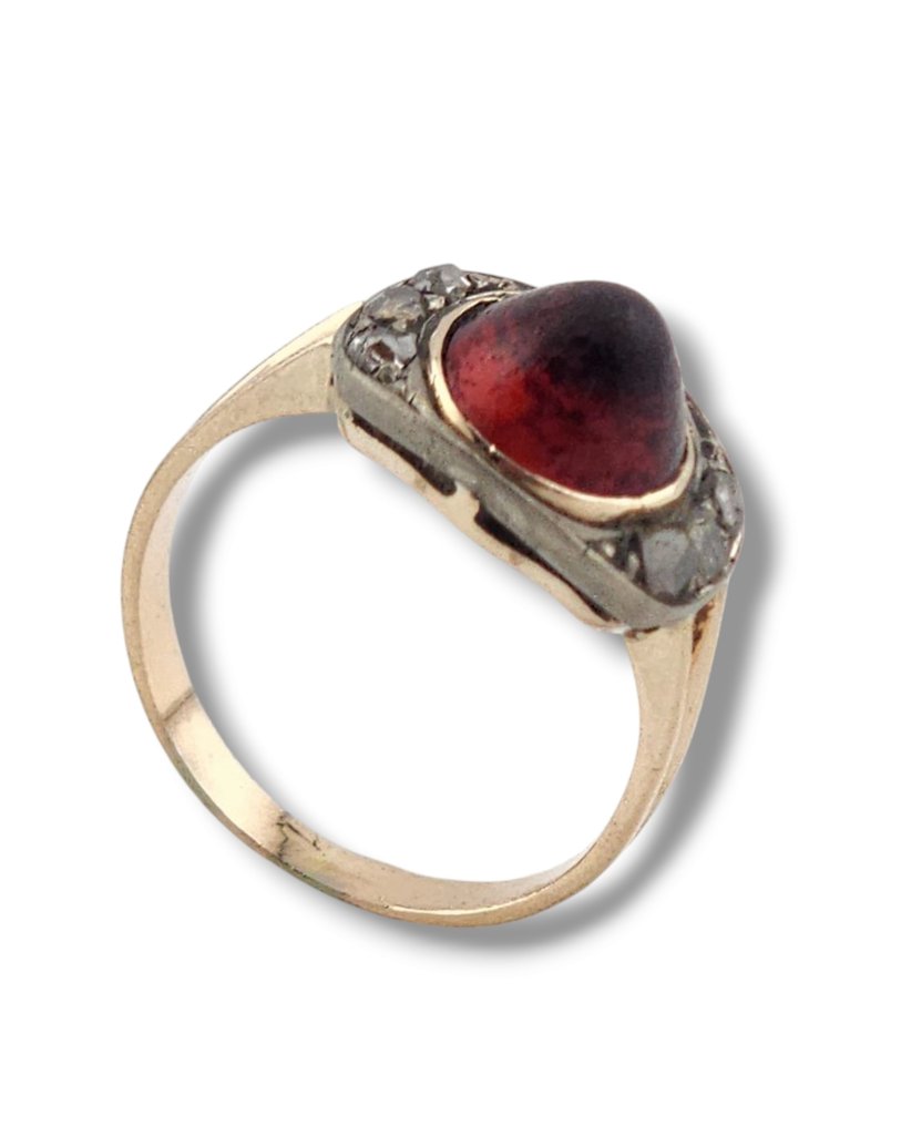 戒指 - 14 克拉 黃金, 古董14K金戒指,镶有钻石和红宝石 - 0.18ct. tw. 鉆石 (天然) #1.0